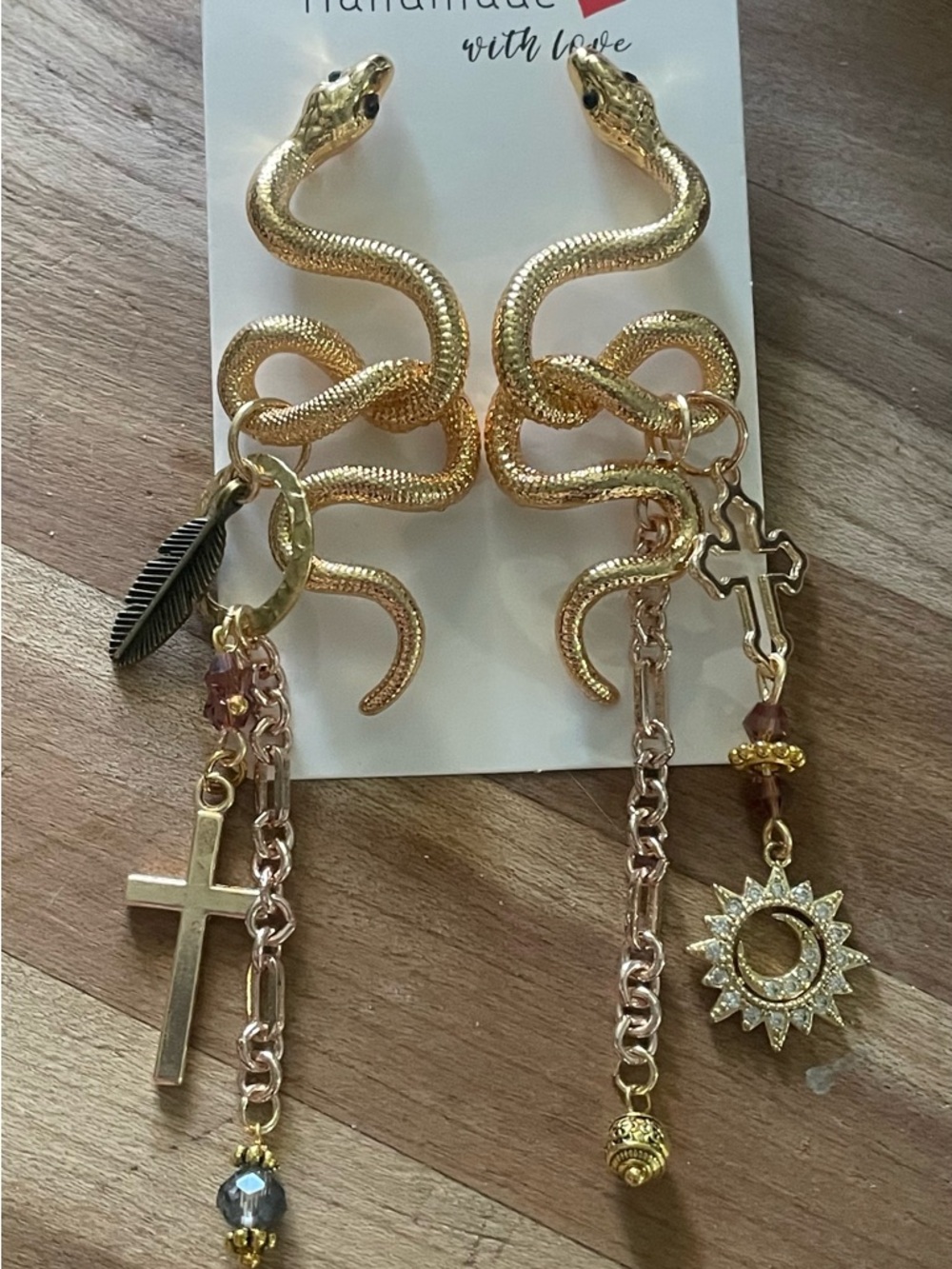 Hand Crafted Gold Snake Dangle Earrings with Cross & Sun Charms - Picture 5 of 7